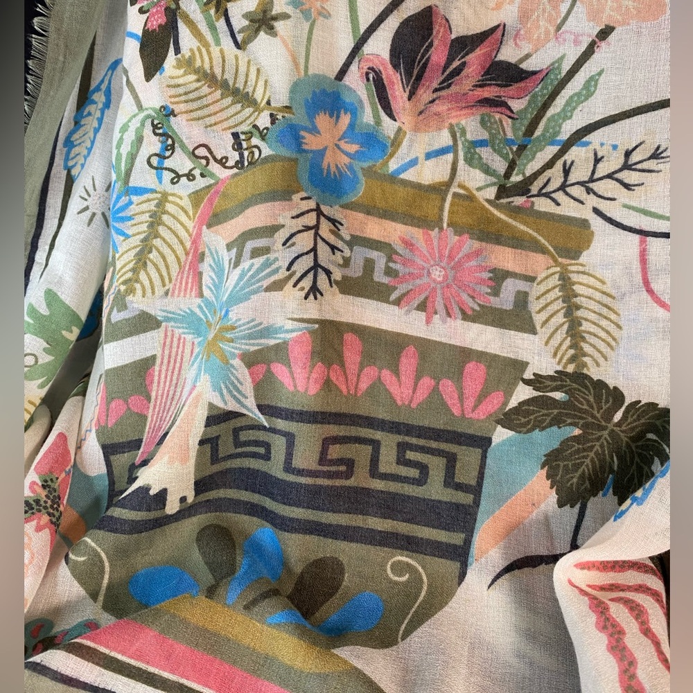 Joy Susan Multi-Color Floral Scarf with Sage Green Border. Lightweight 74” X 31” - Picture 2 of 8